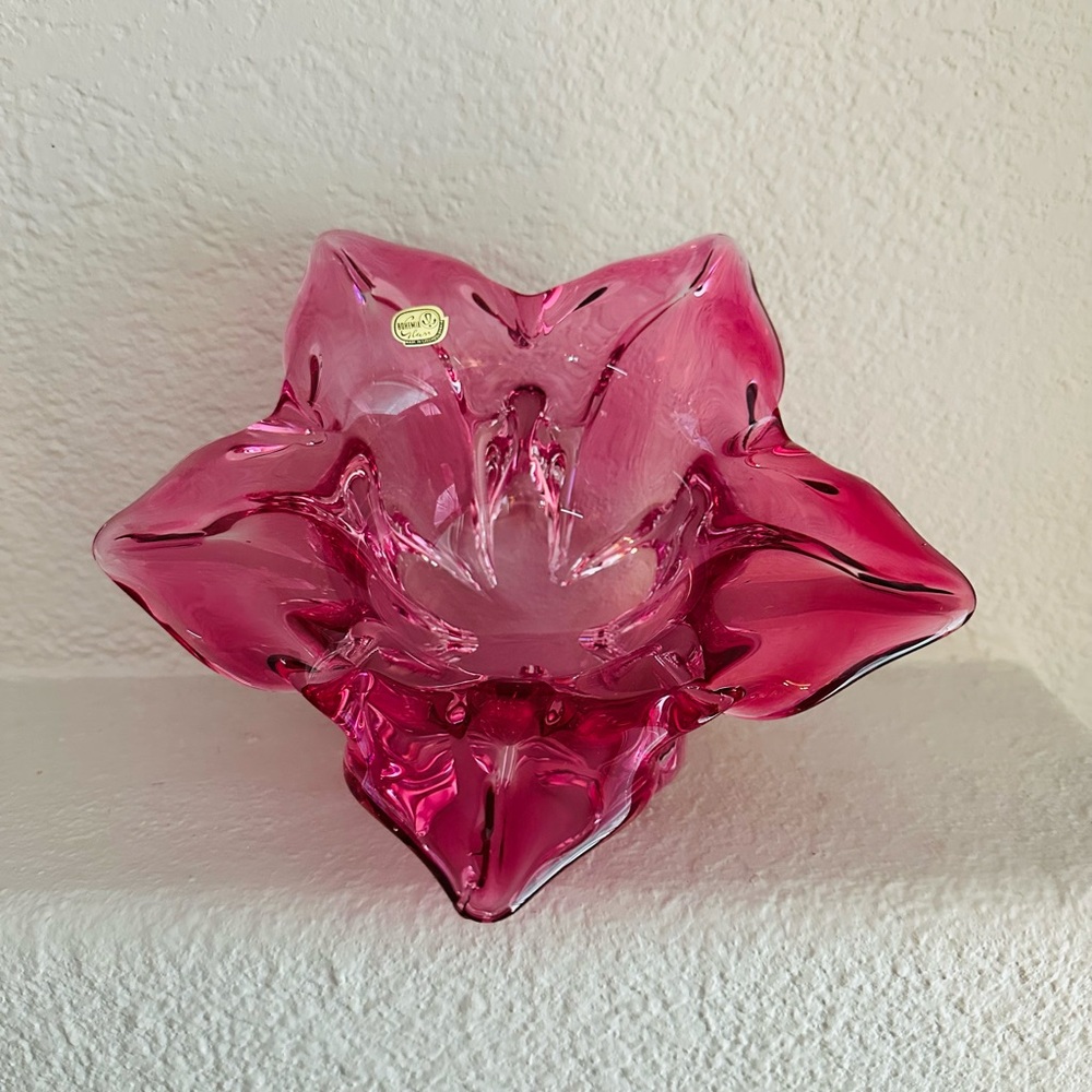 Genuine Vintage Pink Bohemian Crystal Star Flower Art  Decor From Czechoslovakia